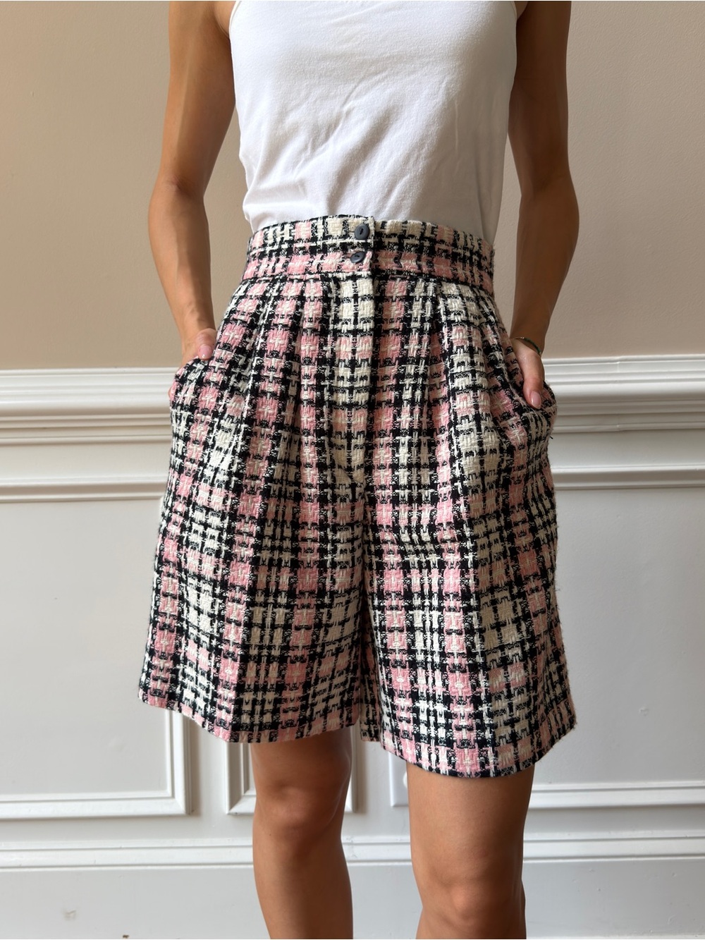 High-Waist Pink Plaid Tweed Shorts